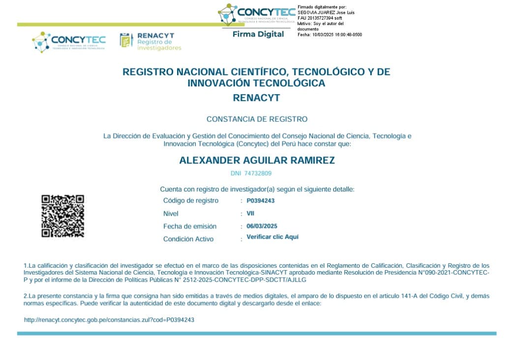 Ficha RENACYT de Alexander Aguilar Ramirez